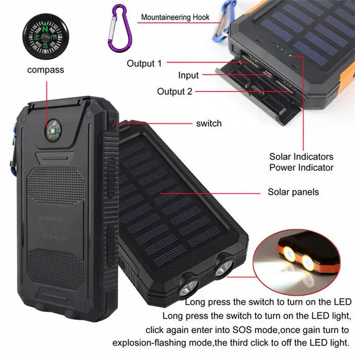 Image of 10000mAh Solar-Powered Portable Power Bank with Flashlight-Item# 12620  NationwideSafes.com