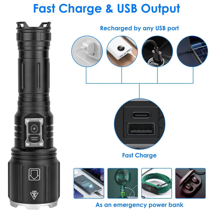 Image of High-Intensity Tactical LED Flashlight: Waterproof, Rechargeable, and Zoomable with Emergency Power Bank-Item# 12660  NationwideSafes.com