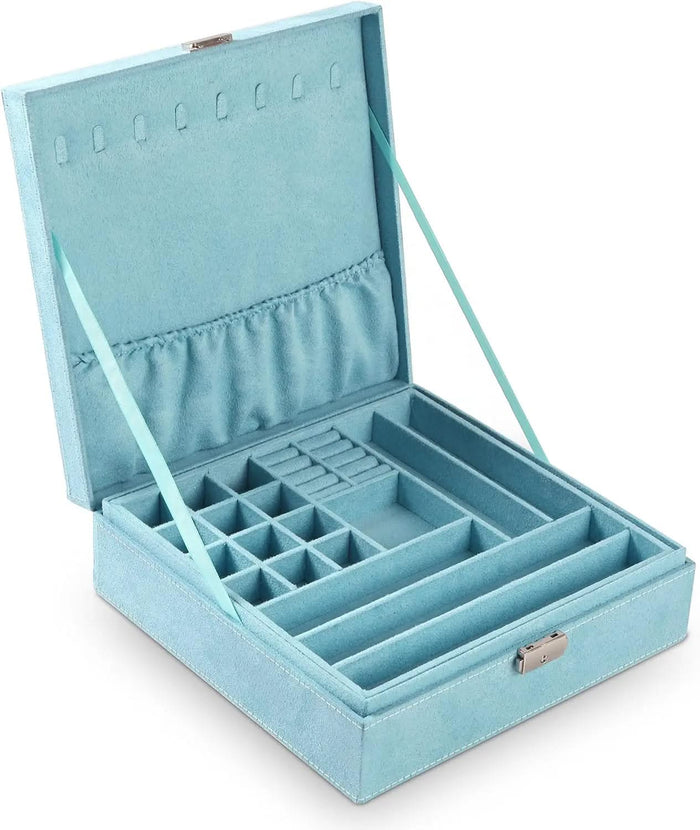 Sleek Two-Layer Lint Jewelry Box Organizer with Lock in Blue-Item# 12610  NationwideSafes.com