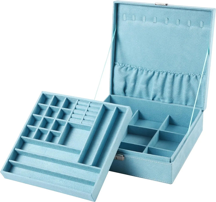 Image of Sleek Two-Layer Lint Jewelry Box Organizer with Lock in Blue-Item# 12610  NationwideSafes.com