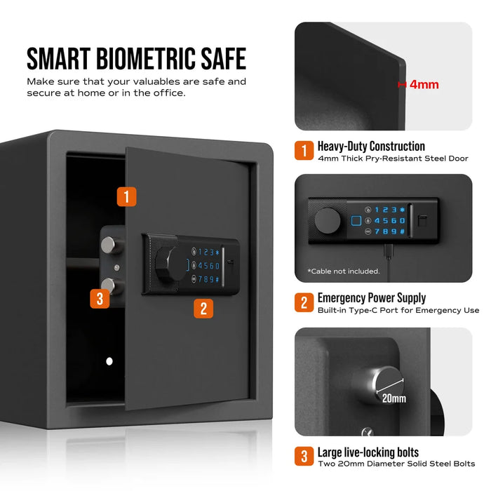 Image of Biometric Home Safe with Fingerprint Digital Keypad Lock for Cash and Jewelry [1.2 Cu. Ft.]--Item# 13415