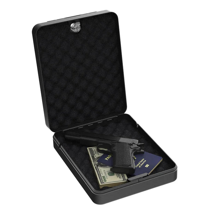 Image of Portable Handgun Safe and Key Lock Box with Steel Security Cable, Travel Pistol Case--Item# 13400